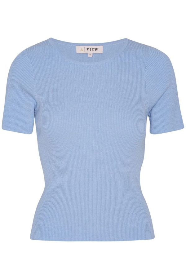 A-View - Rib Knit Short Sleeve Top - 282 Light Blue Hot on Sale